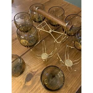 Roly Poly Tumblers‎ MCM Roman Gold Coin Glasses Set In Stand Barware 8 pc